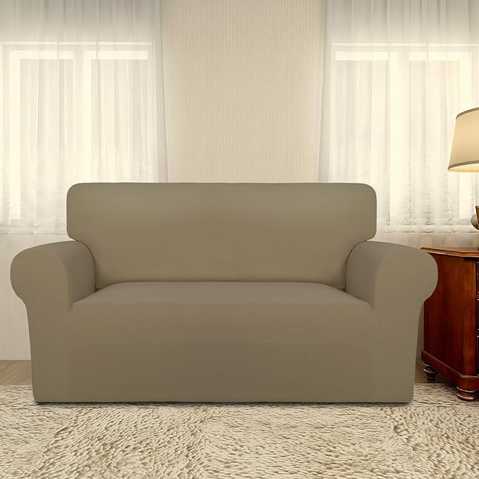 PureFit Super Stretch Sofa Slipcover – Spandex Non Slip Soft Couch Sofa Cover, Washable Furniture Protector with Non Skid Foam and Elastic Bottom for Kids, Pets （Loveseat, Tan）