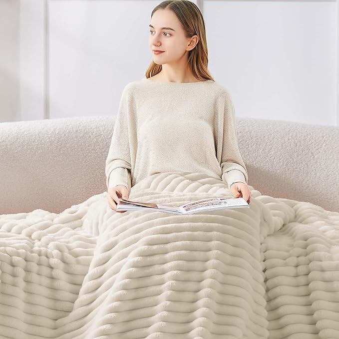 BEDELITE Twin Blanket for Couch & Bed, 300GSM Soft & Warm Fleece Blanket, Decorative and Giftable Striped Beige Blankets for Women, Men, 60"x80"