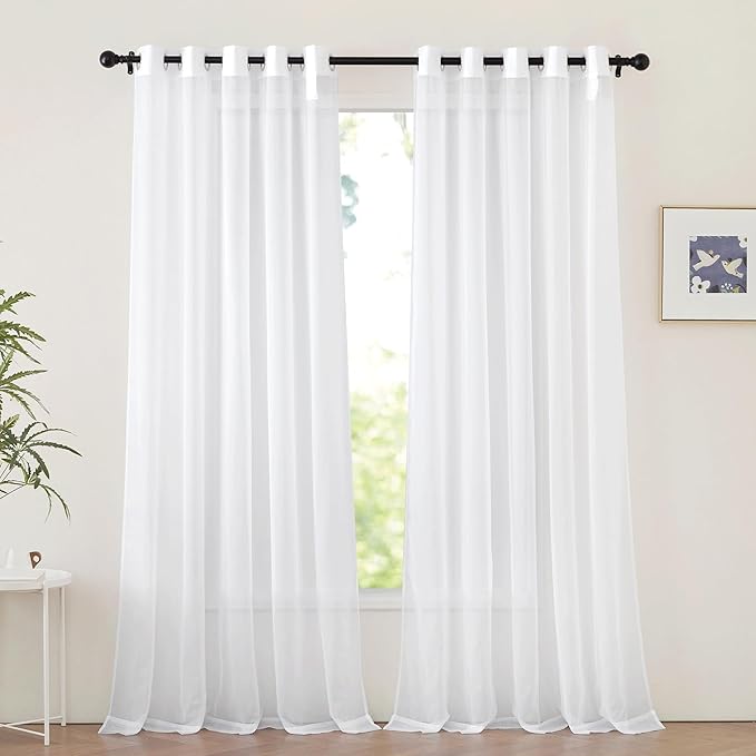NICETOWN White Sheer Sliding Door Curtains 90 inches Long for Living Room, Grommet Elegant Soft Voile Sheer Textured Airy & Breathable Window Treatments for Bedroom, W66 x L90, 2 Panels