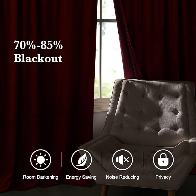 RYB HOME Burgundy Red Velvet Curtains for Christmas Decor, Soft Luxury Backdrops for Studio Theater, Back Tab Design for Bedroom Living Room, 52" W x L84 L, 2 Panels Set