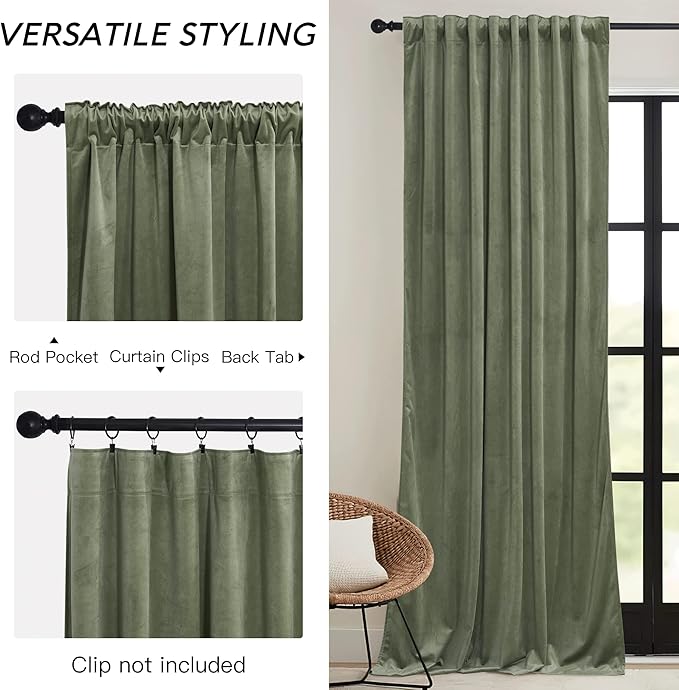 RYB HOME Sage Green Velvet Curtains 102 inches with Hook Belt, Soft Fabric Room Darkening Thermal Insulated Luxurious Home Decor Curtains for Living Room Bedroom, W 52" x L 102", 2 Panels Set