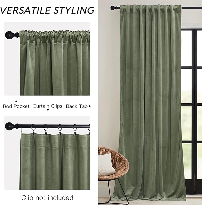 RYB HOME Sage Green Velvet Curtains 80 inches with Hook Belt, Soft Fabric Room Darkening Thermal Insulated Luxurious Home Decor Curtains for Living Room Bedroom, W 52" x L 80", 2 Panels Set