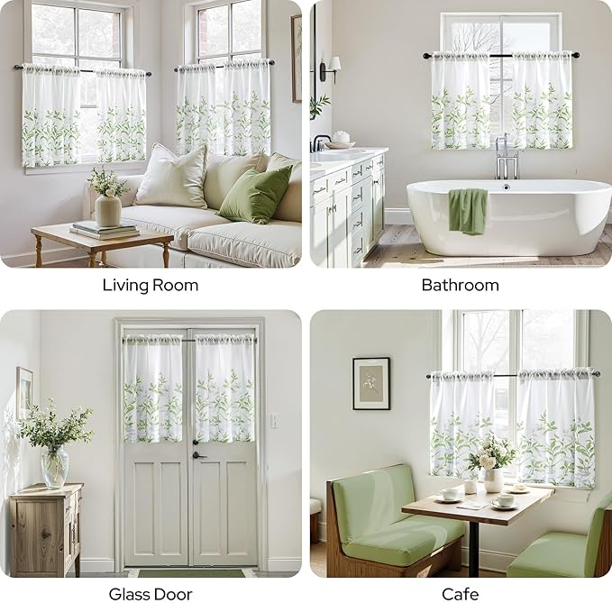 HOMEIDEAS Kitchen Curtains, Short Non-See-Through Privacy 30X36 Inch Length Tier Curtains, Green and White Leaf Floral Print Light Filtering Semi Sheer Small Window Drapes for Bathroom Cafe, 2 Panels
