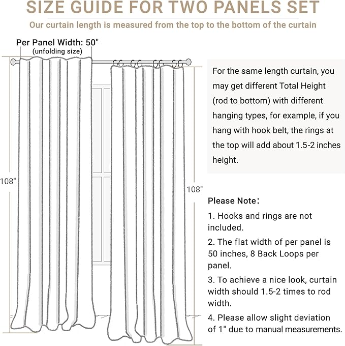 100% Blackout Shield Linen Blackout Curtains for Bedroom 108 Inches Long, Back Tab/Rod Pocket Living Room Drapes, Thermal Insulated Blackout Curtains 2 Panels Set, 50" W x 108" L, Plaza Taupe