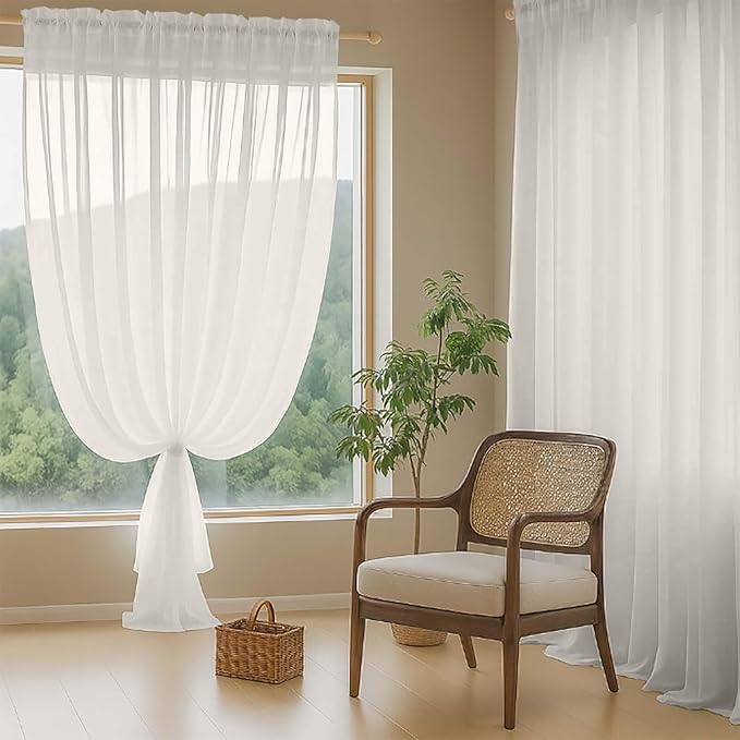 Extra Wide Sheer Ivory Curtains 144 Inches Long 2 Panels, Extra Long Light Filtering Soft Airy Transparent Patio Curtains for Sliding Glass Door, Top Dual Rod Pocket, 12FT, 2x59Wx144L Inches