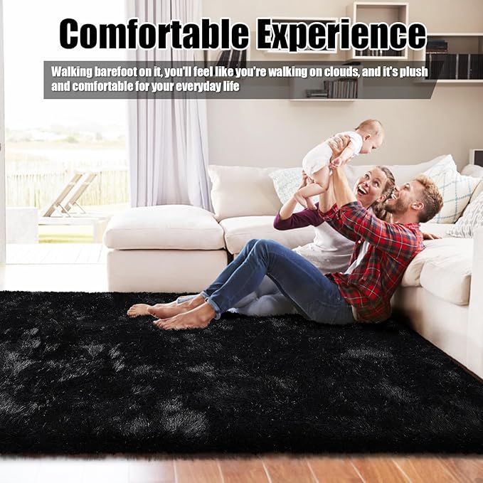 Ultra Soft Fluffy Area Rugs for Bedroom Living Room 10x14, Nursery Rug, Non-Slip Carpet for Kids Dorms Decor, Shaggy Bedside Rug, Black