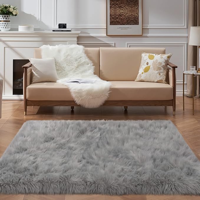 Fluffy Area Rug, Grey Faux Fur Rug for Bedroom 3'x5', Soft Shag Fuzzy Rugs for Living Room, Gray Furry Bedside Nursery Rug Plush Indoor Floor Carpet for Kids Room Teen Dorm,Home Decor Aesthetic
