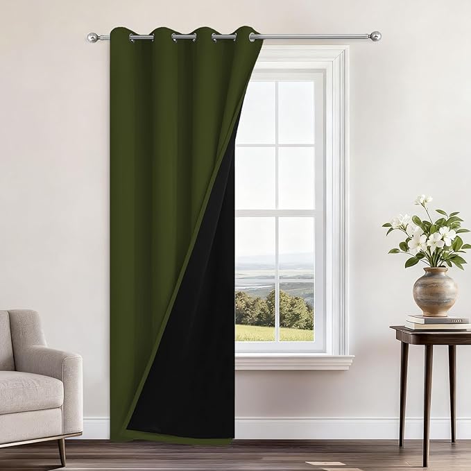 Yakamok 100% Blackout Curtains 96 Inches Long, 2 Thick Layers Heat and Full Light Blocking Soft Thermal Insulated Drapes for Bedroom(52" Wide Each Panel, Olive Green, 1 Panel)