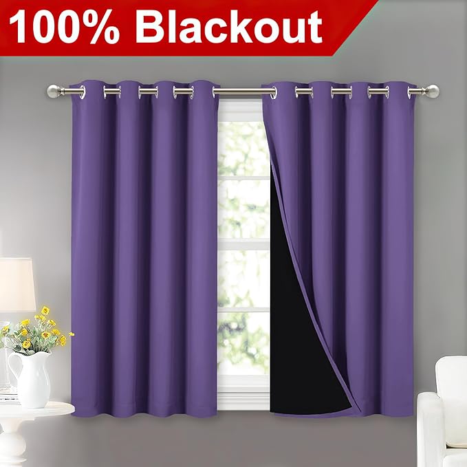 NICETOWN 100% Blackout Curtains with Black Liners, Thermal Insulated Full Blackout 2-Layer Lined Curtains, Energy Efficiency Window Draperies for Dining Room (Lilac Purple, 2 Panels, 52" W by 45" L)
