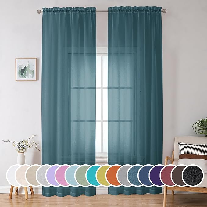OWENIE Sheer Curtains 96 inches Long for Bedroom Living Room 2 Panels Set, Farmhouse Rod Pocket Light Filtering Voile Sheer Curtain, 42Wx96L inch, Dusty Blue