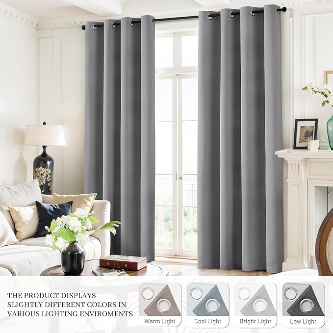 Yakamok Dove Grey 100% Blackout Curtains Grommet Window Treatments with 2 Thick Layers-Light Gray Room Darkening Thermal Insulated Drapes Set of 2 for Bedroom Living Room 52 Inches by 63 Inches length