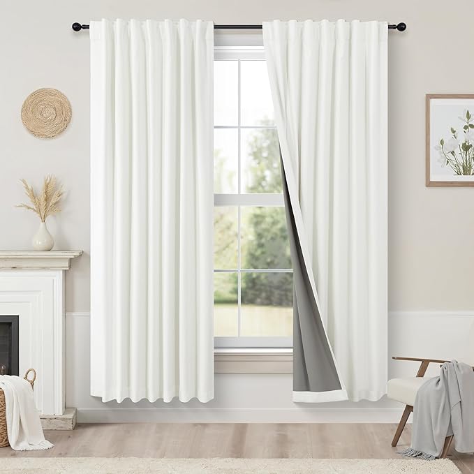 Pitalk Bedroom Blackout Curtains 63 Inches Long 2 Panel Thermal Curtain for Summer Heat Dining Living Room Darkening Back Tab Short Drapes for 62 Inch Window Length Boho Linen Textured Ivory Off White