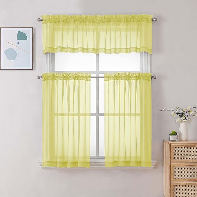 Chyhomenyc Sheer Lemon Tier Curtains 24 Inch Length Set, Small Window Kitchen Curtains for Bathroom Living Room Basement, Farmhouse Short Voile Curtain 42Wx24L, Rod Pocket, 2 PCS