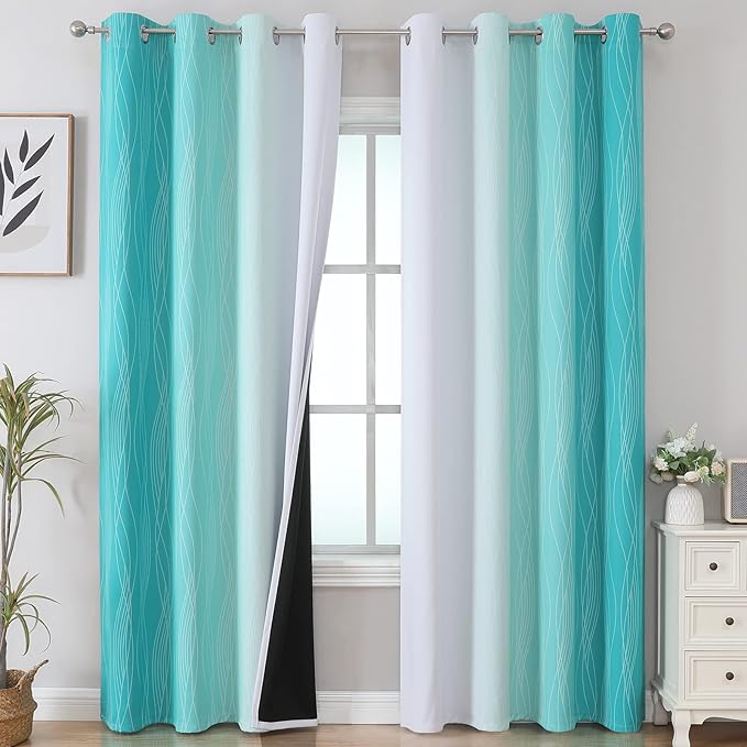 Estelar Textiler Teal and Grayish White Blackout Curtains for Living Room, Ombre Thermal Insulated Noise Reducing Blackout Drapes for Bedroom, Full Room Darkening Grommet Curtains, 52Wx84L, 2 Panels