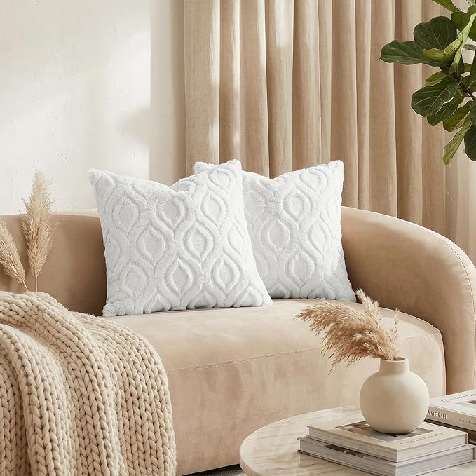 decorUhome Throw Pillow Covers 12x20 Inch Set of 2, Soft Plush Faux Wool White Solid Couch Pillow Covers, Accent Farmhouse Neutral Rectangle Pillow Cases for Sofa Bed Living Room