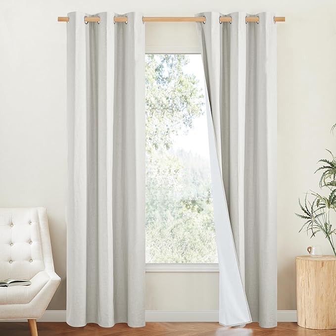 NICETOWN 100% Blackout Linen Texture Cold Blocking Curtains 84 inches Long, Ivory, 2 Pcs, Thermal Insulated Full Blackout 2-Layer Lined Drapes, Energy Efficiency Window Draperies for Boy's Room