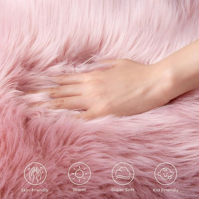 Ashler Faux Fur Area Rug - Fluffy Shaggy Sheepskin 2 x 3 Feet, Pink Fuzzy Machine Washable Shag - Nursery Decor Throw for Bedroom, Kids Room, Living Room