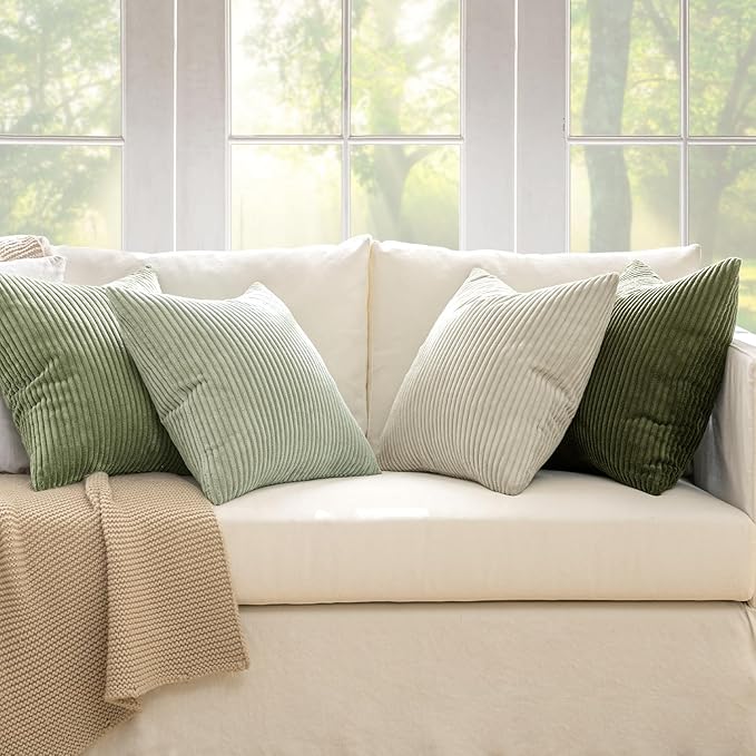 MIULEE Decorative Throw Pillow Covers Set of 4 Summer Light Green Gradient Natural Earthy Modern Classic Soft Corduroy Cushion Covers for Sofa Couch Bed Living Room Spring Home Decor 24x24 Inch
