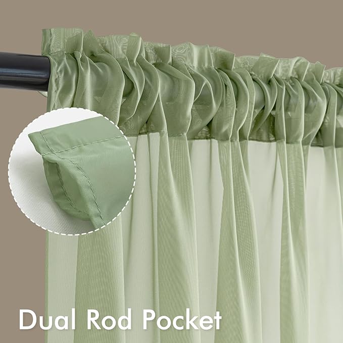MIULEE Sage Green Sheer Curtains 63 Inches Long, 4 Panels Set, Light Filtering Rod Pocket Voile Drapes Window Treatments, Semi Transparent Airy Fabric for Bedroom and Living Room, 42 x 63 Inches