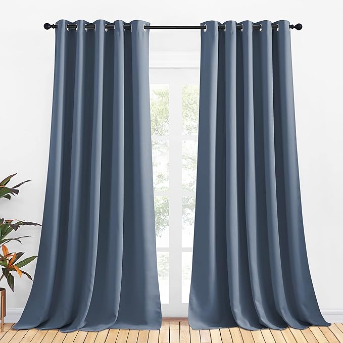 NICETOWN Thermal Insulated Curtains Blackout Draperies, Window Treatment Solid Grommet Room Darkening Drape Panels for Bedroom (Stone Blue, Set of 2, 70 by 95 inches Long)