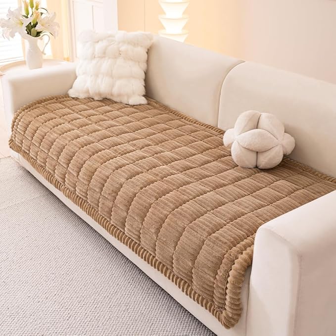 Couch Cover for Dogs Washable, Fuzzy Pet Couch Covers for 3 Cushion Sofa Pet Friendly, Non Slip Sofa Cover (Light Brown, 35" x 63"/90 x 160cm)