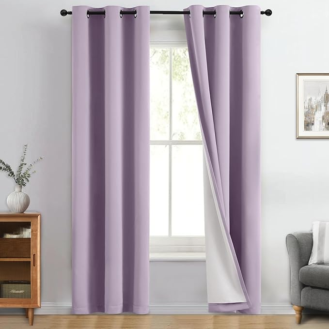 Yakamok 100% Blackout Curtain Panels 96 inches Cold and Light Blocking Drapes for Nursery, 2 Thick Layers Thermal Insulated Draperies (2 Pieces, 50 Wide Each Panel, Lilac Front with White Backing)
