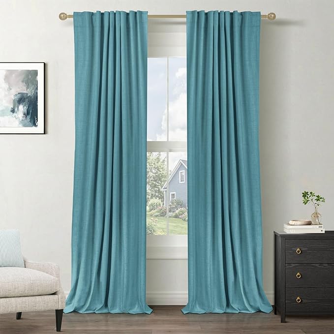 100% Blackout Shield Linen Blackout Curtains for Bedroom 84 Inches Long, Back Tab/Rod Pocket Living Room Drapes, Thermal Insulated Blackout Curtains 2 Panels Set, 50" W x 84" L, Dark Cyan