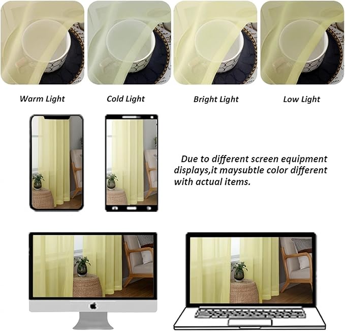 Chyhomenyc Sheer Tier Curtains 24 Inch Length - Small Window Kitchen Curtains for Bathroom Living Room Basement, Rod Pocket Farmhouse Short Voile Curtain 42Wx24L, 2 PCS, Light Yellow