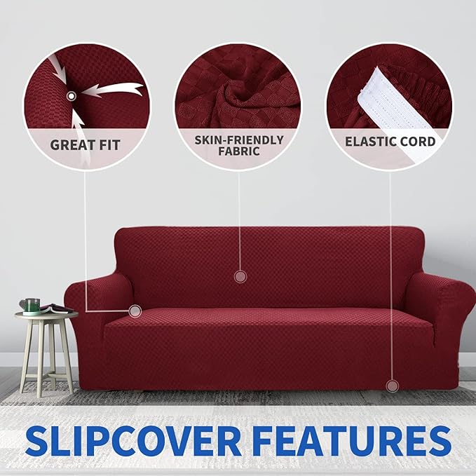 ZNSAYOTX 1 Piece Jacquard Couch Covers for 2 Cushion Couch High Stretch Loveseat Slipcover for Pets Dogs Anti Slip Love Seat Sofa Slipcover Furniture Protector (Loveseat, Wine Red)