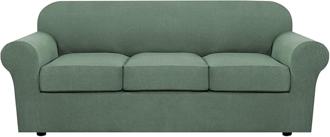 H.VERSAILTEX 4 Piece Stretch Sofa Covers for 3 Cushion Couch Covers for Living Room Furniture Slipcovers (Base Cover Plus 3 Seat Cushion Covers) Upgraded Thicker Jacquard Fabric (Sofa, Loden Frost)