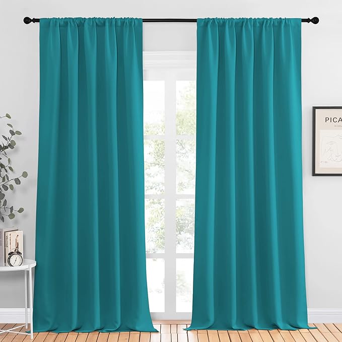 NICETOWN Peacock Blue Blackout Curtains Panels for Window, Thermal Insulated Rod Pocket Blackout Drapes/Draperies for Living Room (2 Panels, W52 x L95 inches)