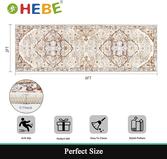 HEBE Hallway Runner Rug 2'x6' Washable Vintage Distressed Area Rugs Non Slip Laundry Rug Runner Boho Floor Carpet Runners for Hallways Entryway Laundry Room Kitchen Bathroom