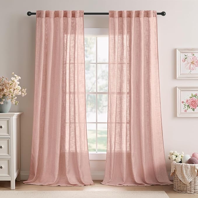 MIULEE Blush Pink Linen Curtains 90 Inch Long 2 Panels for Girls Bedroom Nursery, Soft Thick Linen Textured Window Drapes Semi Sheer Light Filtering Back Tab for Kids Living Room Light Pink Decor