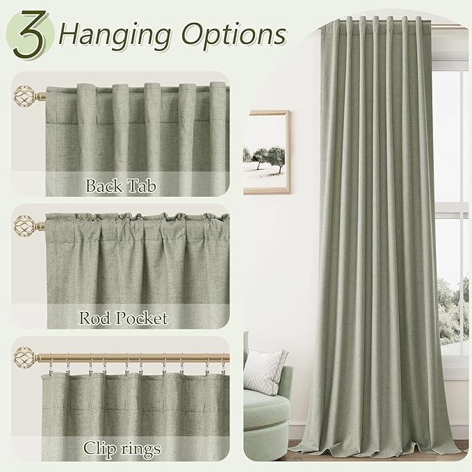 Sage Green 100% Blackout Curtains 63 Inch Length 2 Panels Set for Living Room Bedroom Back Tab Thermal Insulated Black Out Linen Drapes Room Darkening Window Curtains 40 Wide