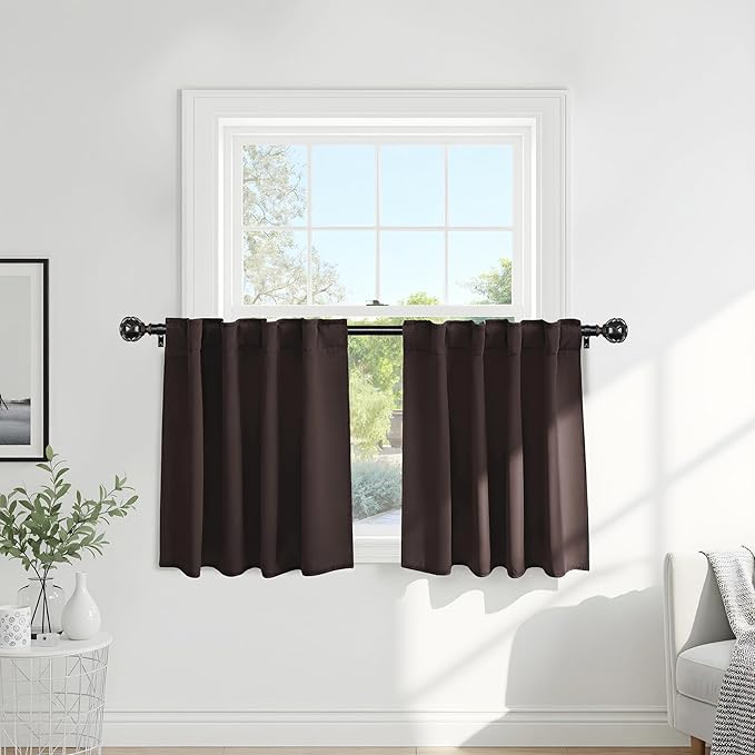 PONY DANCE Short Window Curtains - Back Tab Valances Home Decor Small Panels Light Block for Nursery/Bay Windows Bathroom, 42 Wide x 36 Inches Long, Brown, 2 Pieces