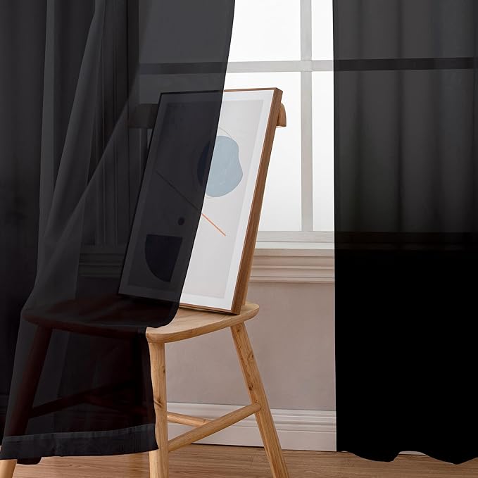 Aiyufeng 108 Inch Black Sheer Window Curtains for Farmhouse, Rod Pocket Voile Window Treatment Vertical Panels for Study Room/Bedroom/Living Room, Black, W59 x L108, 2 Panels