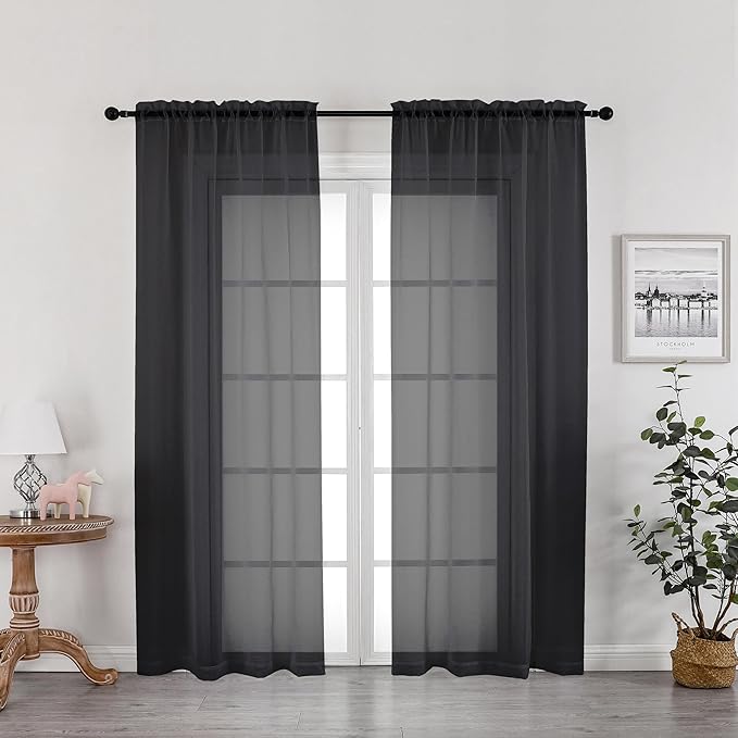 OWENIE Black Sheer Curtains, Sheer Curtains 78 inch Length 2 Panels Set, Rod Pocket Voile Fimly Sheer Drapes for Living Room/Bedroom, 2pcs, Each 42" W x 78" L, Black