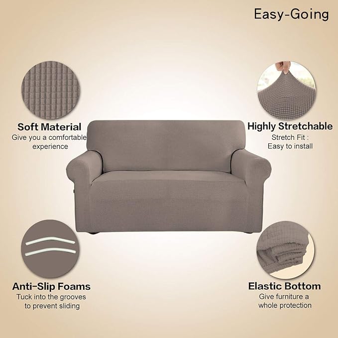 Easy-Going Stretch Sofa Slipcover 1-Piece Sofa Cover Furniture Protector Couch Soft with Elastic Bottom for Kids, Polyester Spandex Jacquard Fabric Small Checks (Sofa, Taupe)