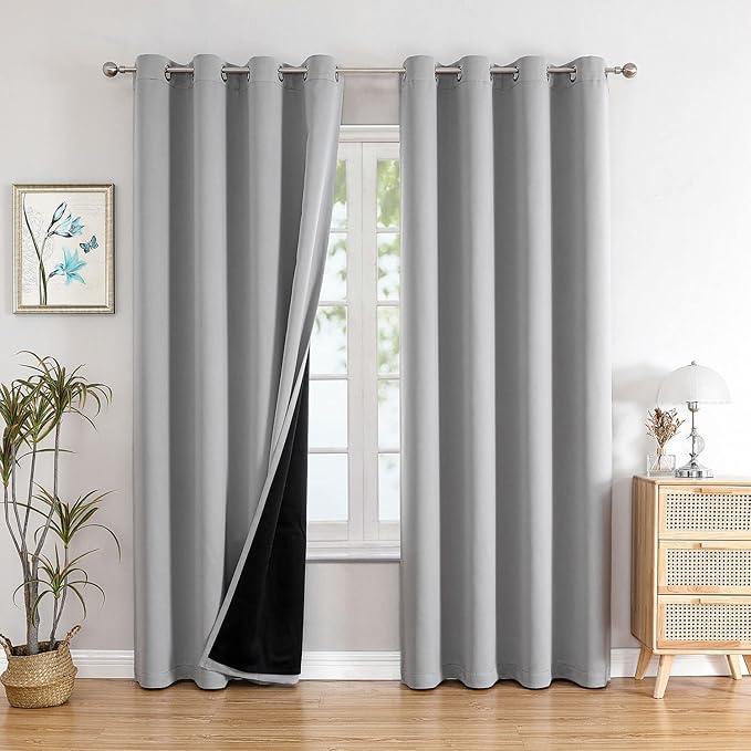 ChrisDowa 100% Blackout Curtains 90 inch Long for Bedroom with Black Liner, 2 Thick Layers Total Blackout Thermal Insulated Grommet Long Window Curtains 2 Panels Set (Light Grey, 52 x 90 Inch)