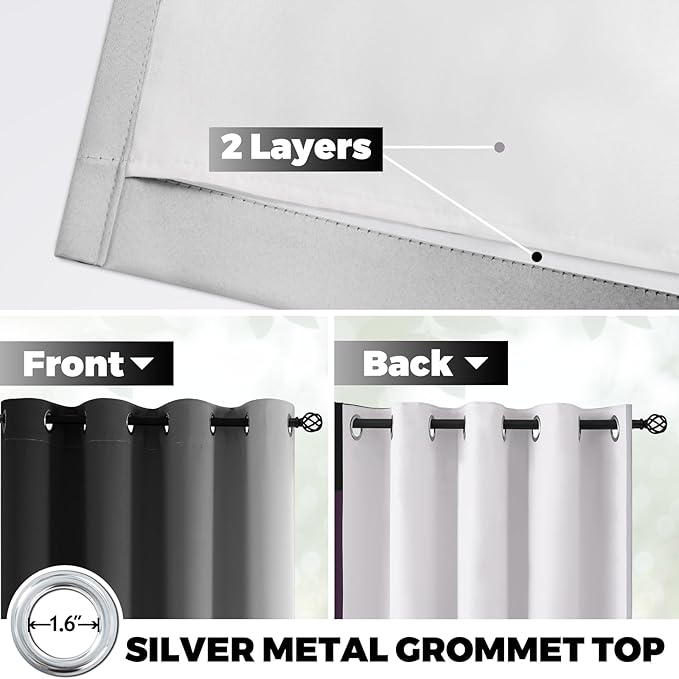 Yakamok 100% Blackout Curtains 84 Inch Length 2 Layers,Black Curtains for Bedroom Ombre Room Darkening Grommet Gradient Drapes, Light Blocking Thermal Insulated Window Curtains for Living Room