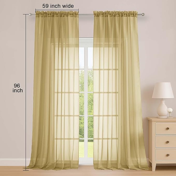 OWENIE Extra Long Gold Sheer Curtains 96 Inches Long 2 Panels Set, Soft Lightweight Airy Voile Sheer Curtain for Bedroom Living Room, Rod Pocket Solid Color Farmhouse Curtains, 59" Wx96 L Inch