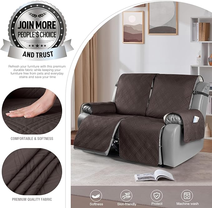 TAOCOCO 100% Waterproof Oversized Loveseat Recliner Cover, Non Slip Split Couch Covers for Reclining Loveseat with Elastic Straps for Kids Pets(Oversized 2 Seater, Chocolate)