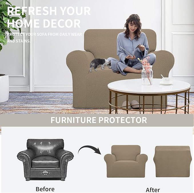 Easy-Going Stretch Oversized Chair Sofa Slipcover 1-Piece Couch Sofa Cover Furniture Protector Soft with Elastic Bottom for Kids Spandex Jacquard Fabric Small Checks Natural