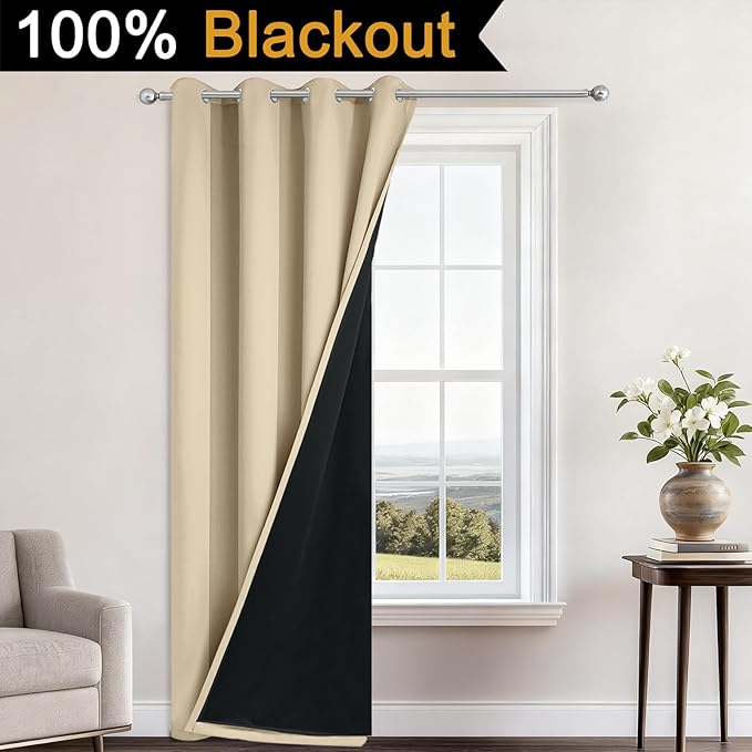 Yakamok 100% Blackout Curtains 84 Inches Long, 2 Thick Layers Heat and Full Light Blocking Soft Thermal Insulated Drapes for Bedroom(52" Wide Each Panel, Beige, 1 Panel)