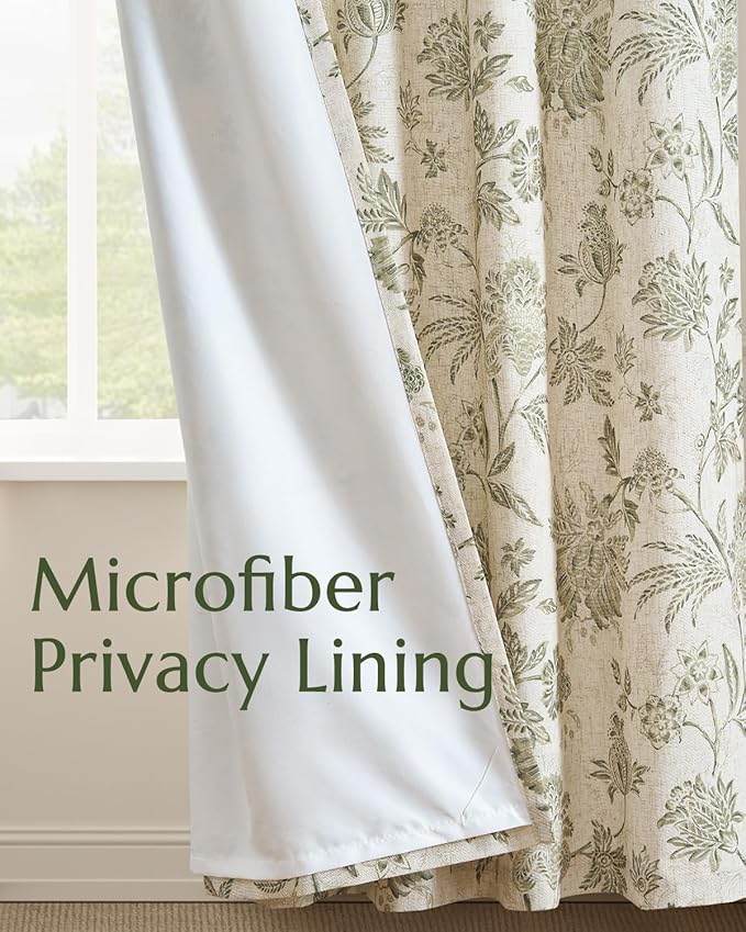 jinchan Lined Linen Floral Curtains for Living Room, 63 Inch Length Printed Flower Farmhouse Patterned French Country Back Tab Green Window Drapes Set Privacy Bedroom Curtains, 2 Panels