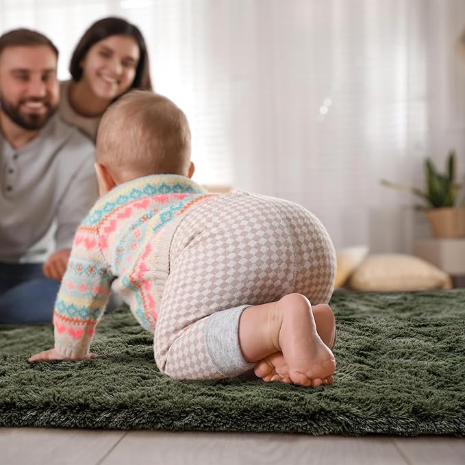 Goideal Fluffy Rug for Bedroom Living Room, 4x6 Olive Green Area Rugs, Faux Fur Shag Modern Carpet Ultra Soft Girls Boys Room Home Decor, Solid