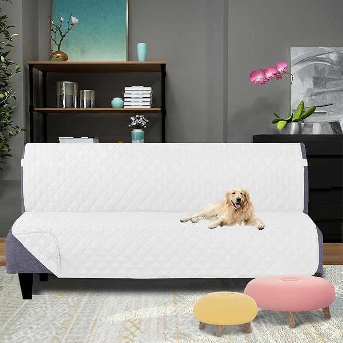 U-NICE HOME Futon Sofa Covers Reversible Slipcover Armless Couch Cover Water Resistant (White/White)