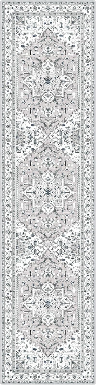 Yamaziot Washable Runner Rug, 2x8 Non-Slip Boho Vintage Hallway Rug with Rubber Backing, Low Pile Faux Wool Distressed Carpet Runner for Bedroom, Kitchen, Laundry, Entrance