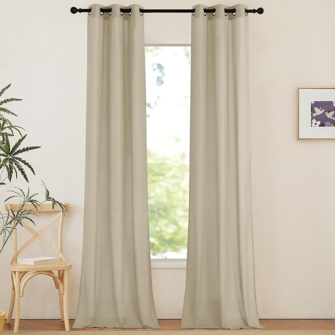 NICETOWN Linen Curtains 96 inches Long for Living Room, Grommet Semi Sheer Drapes Linen Weave Window Treatments Privacy Added with Light Filtering for Bedroom, Angora, W34 x L96, 2 Panels