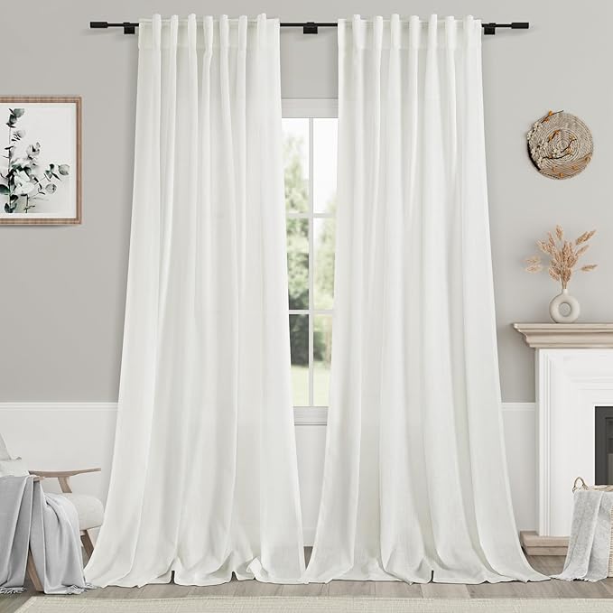 2 Panels Set Ivory Linen Curtains 105 Inches Long for Living Room Extra Long Back Tab Curtains Neutral Farmhouse Light Filtering Semi Sheer Linen Drapes Ceiling to Floor for Large Window